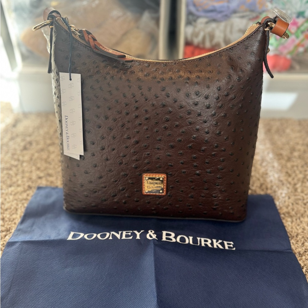 Dooney & Bourke Dark Brown Ostrich-Embossed Shoulder Bag with Gold Hardware